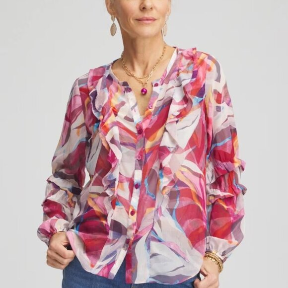 Chico's Women's Crinkle Abstract Ruffles Blouse - Picture 1 of 6